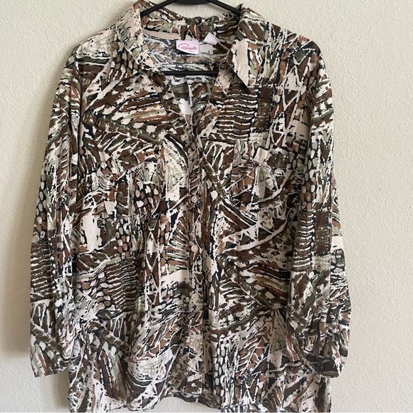 Casual woman blouse size XL button front brown fall abstract gma core 3/4 sleeve - Picture 1 of 11
